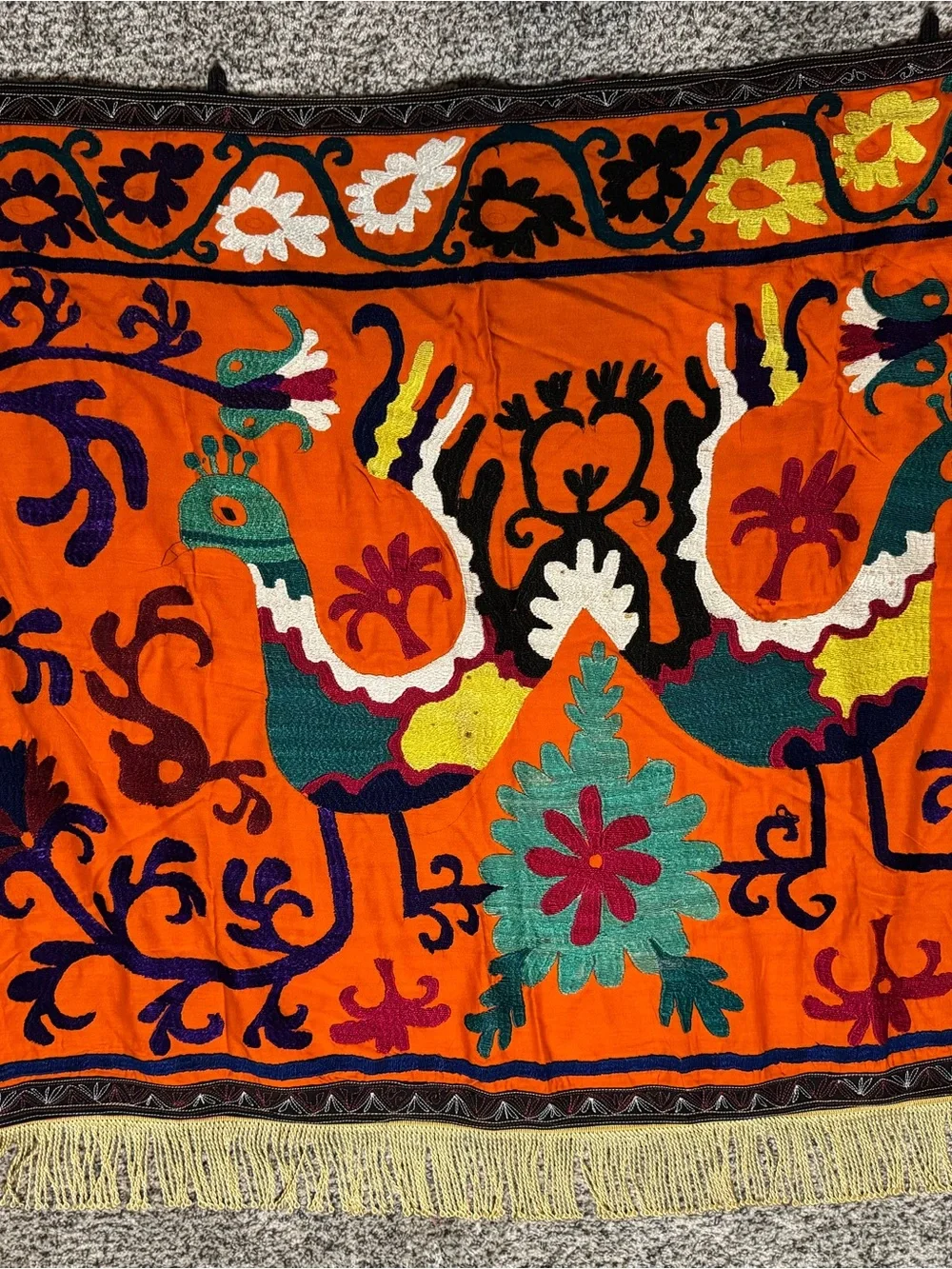 Set of 5 Vintage Uzbek Suzani Hand-Embroidered Panels - Orange Boho Wall Art